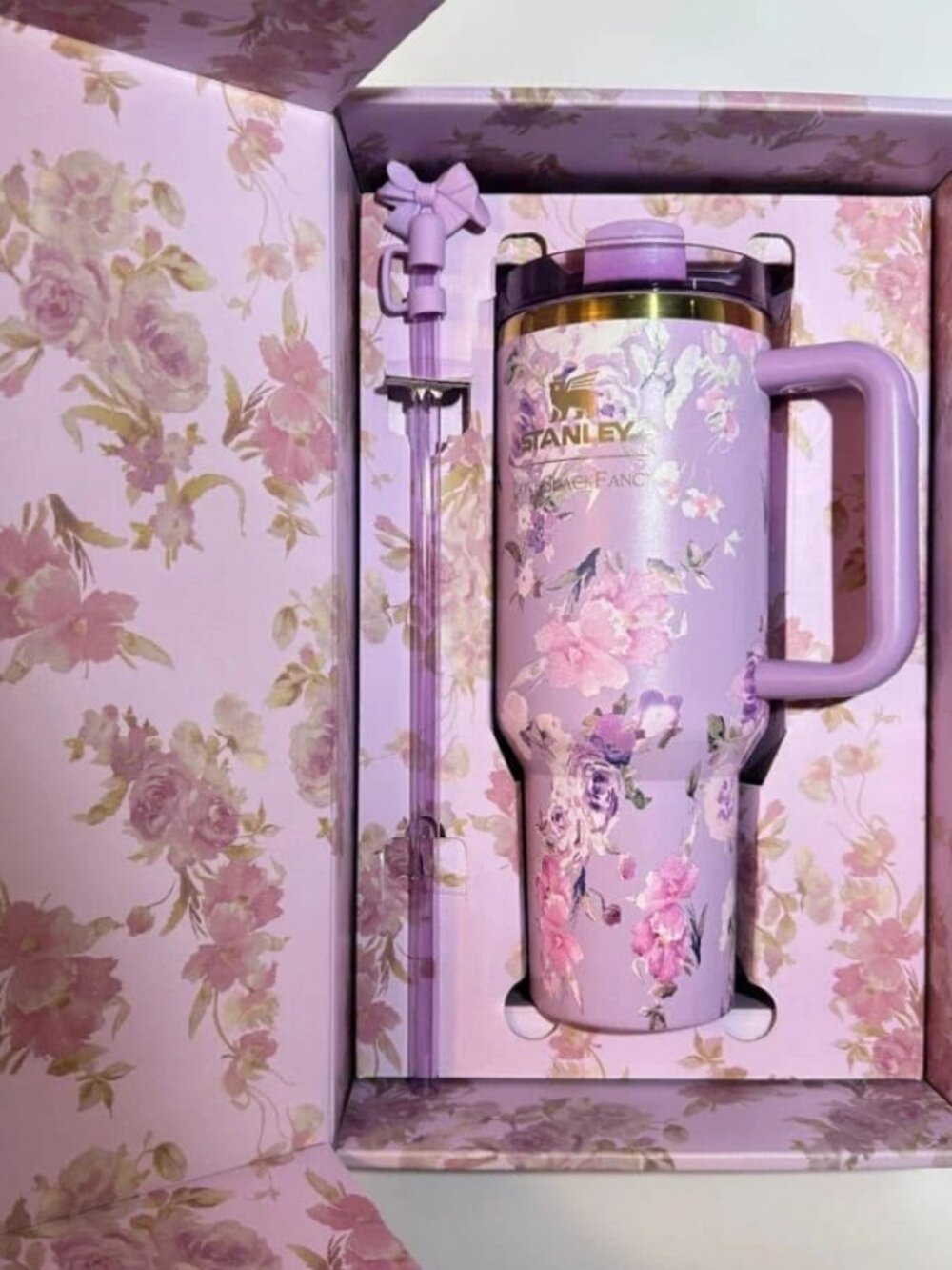 Stanley Pink Lavender Floral Tumbler with Handle, Matching Straw & Gift Box
